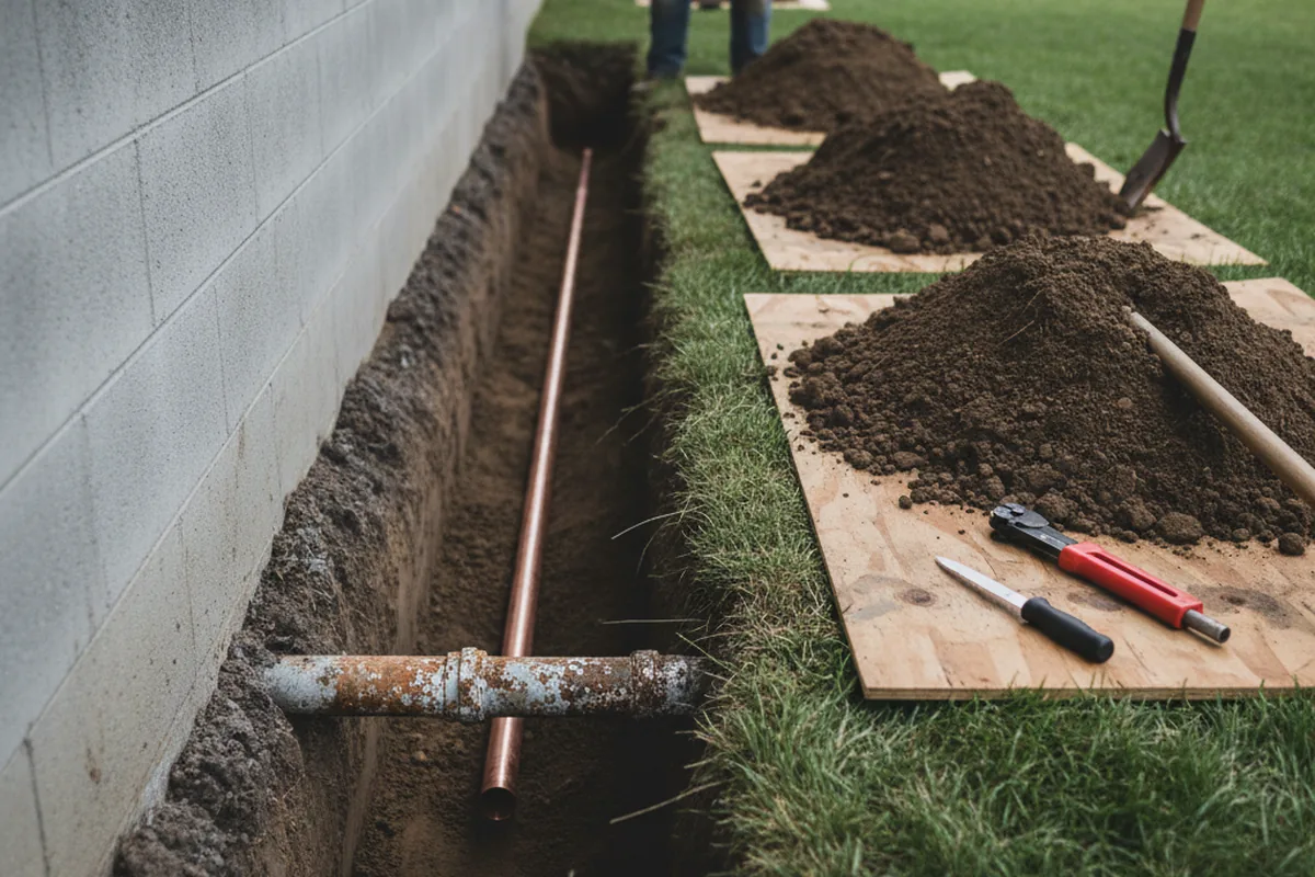 Excavated water line trench during Water Softener Installation in Horseshoe Bay
